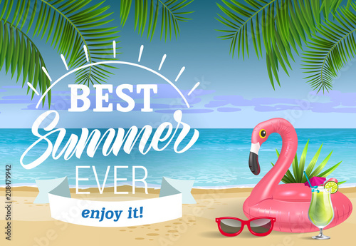 Best summer, enjoy it lettering with sea beach and swimming ring. Sale advertising design. Handwritten and typed text, calligraphy. For leaflets, brochures, invitations, posters or banners.