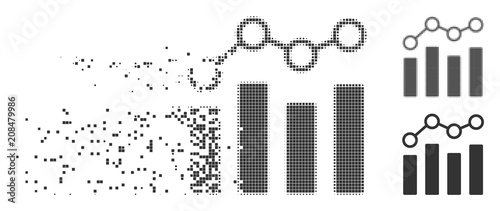 Fractured point chart dotted icon with disintegration effect. Halftone pixelated and intact whole gray versions. Dots have rectangle shape. Cells are arranged into dispersed point chart form.