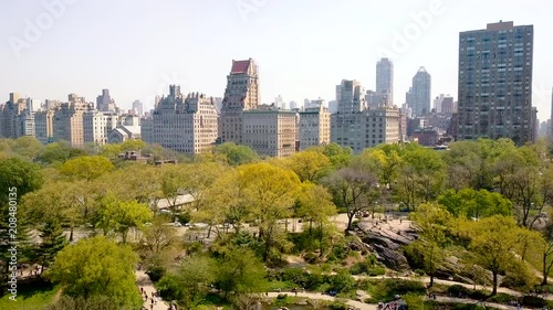 Aerial view of Central Park, New York, USA, Skyscrapers on background. Luxury residential buildings.