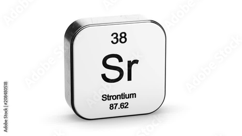 Strontium element symbol from the periodic table on white metallic rounded square icon 3D animation