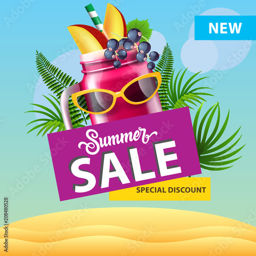 Summer sale, new special discount poster design with mug of berry smoothie, sunglasses, palm leaves and sand dunes. Text can be used for signs, labels, flyers, banners