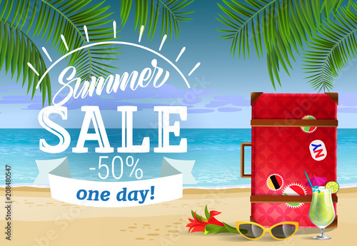 Summer sale, one day lettering with sea beach and cocktail. Sale advertising design. Handwritten and typed text, calligraphy. For leaflets, brochures, invitations, posters or banners.