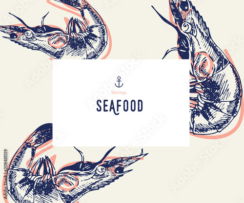 Seafood banner set. Hand drawn shrimp. Vector restaurant menu. Marine food banner, flyer design. Engraved isolated art. Delicious cuisine objects. Use for promotion, market, store banner.