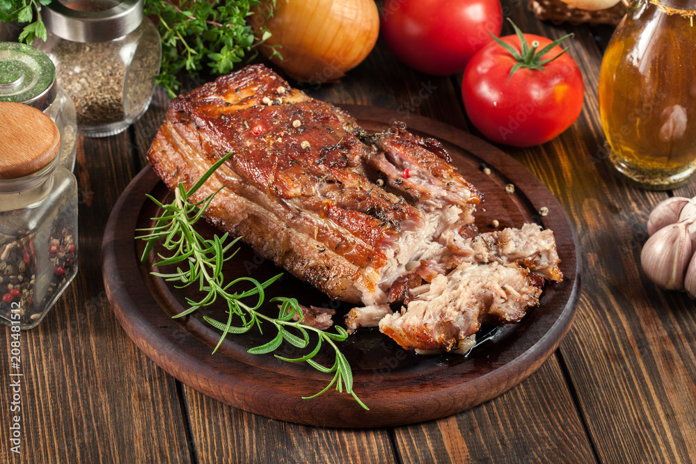 Still hot baked pork belly or bacon Still hot baked pork belly or bacon
