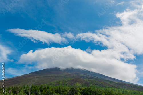 Mt. fuji in summer without snow and cloudy sky.