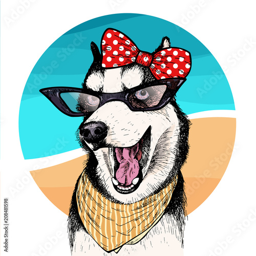 Vector portrait of Siberian husky dog wearing sunglasses and retro bow. Summer fashion illustration. Vacation, sea, beach, ocean. Hand drawn pet portait. Poster, t-shirt print, holiday, summertime