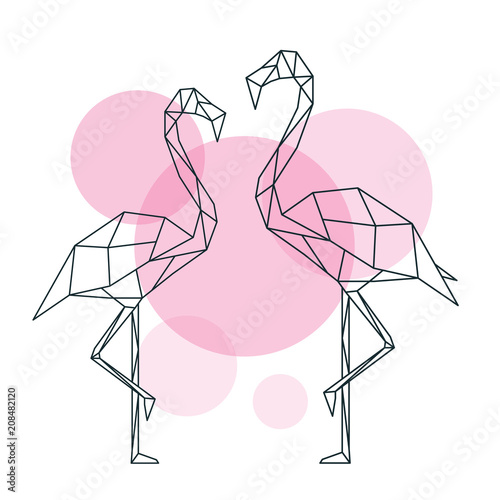 Beautiful flamingo illustration in geometric style of abstract on circles background. Minimal summer poster. Vector illustration.