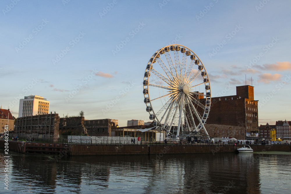 Ferris wheel on the island at sunset in the Gdansk Poland