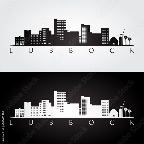 Lubbock  USA skyline and landmarks silhouette  black and white design  vector illustration.