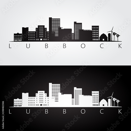 Lubbock, USA skyline and landmarks silhouette, black and white design, vector illustration.