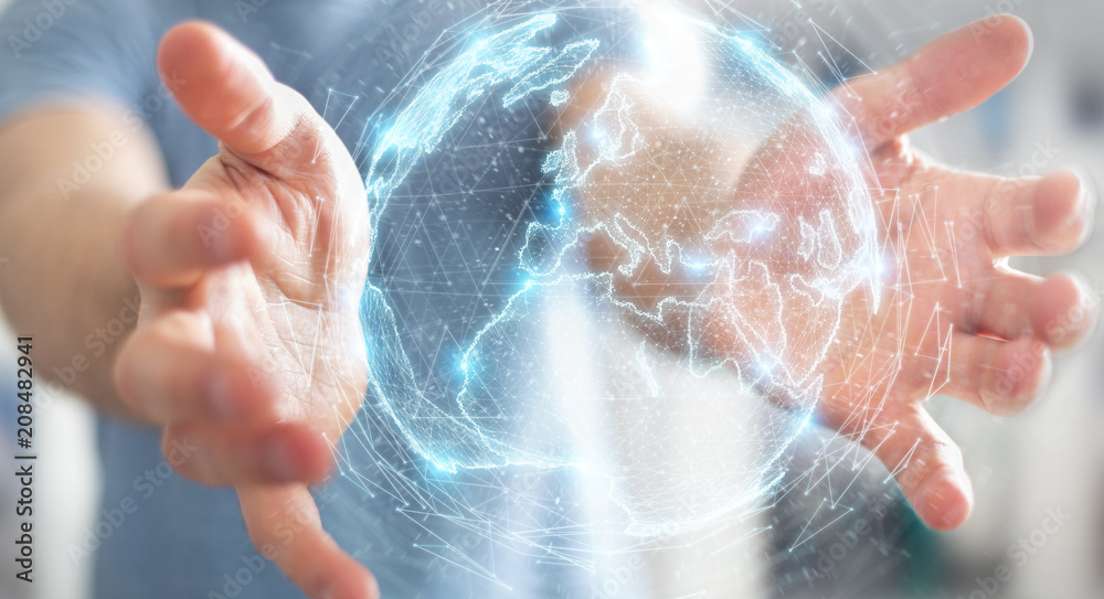 Businessman using globe network hologram with Europe map 3D rendering Businessman using globe network hologram with Europe map 3D rendering
