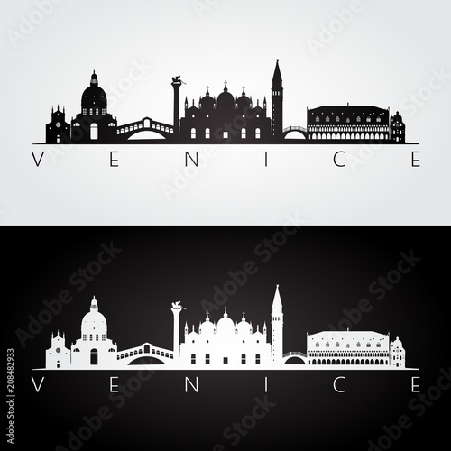 Venice skyline and landmarks silhouette, black and white design, vector illustration.