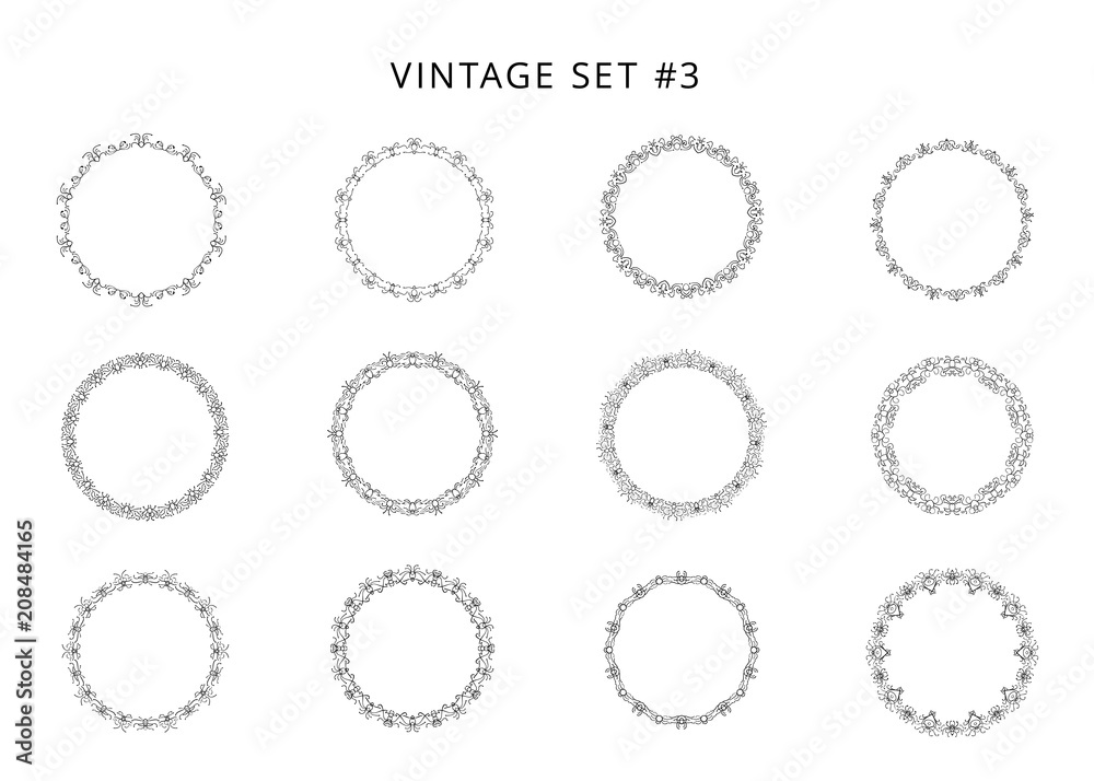 Set of black circular decorative frames. Vector illustration.