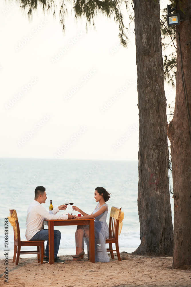 Affectionate Asian couple holding hands and toasting with red wine while celebrating beginning of their vacation at picturesque seaside of tropical island