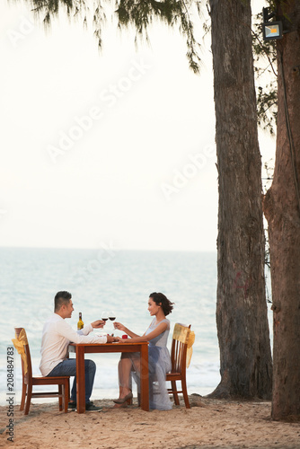 Affectionate Asian couple holding hands and toasting with red wine while celebrating beginning of their vacation at picturesque seaside of tropical island © DragonImages