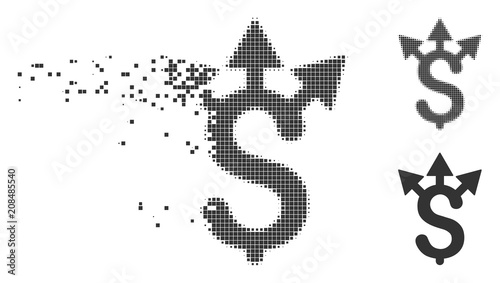 Dispersed expences pixel icon with disintegration effect. Halftone pixelated and undamaged whole grey versions. Dots have rectangle shape. Pieces are arranged into dissolving expences shape.