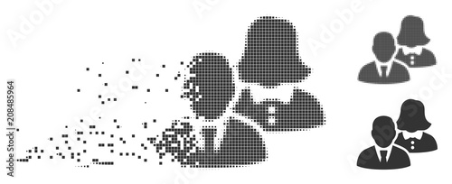 Dispersed people dotted icon with disintegration effect. Halftone pixelated and undamaged whole gray variants. Dots have rectangle shape. Elements are combined into dissipated people figure.