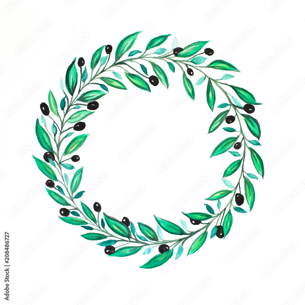 An olive wreath painted in watercolor.