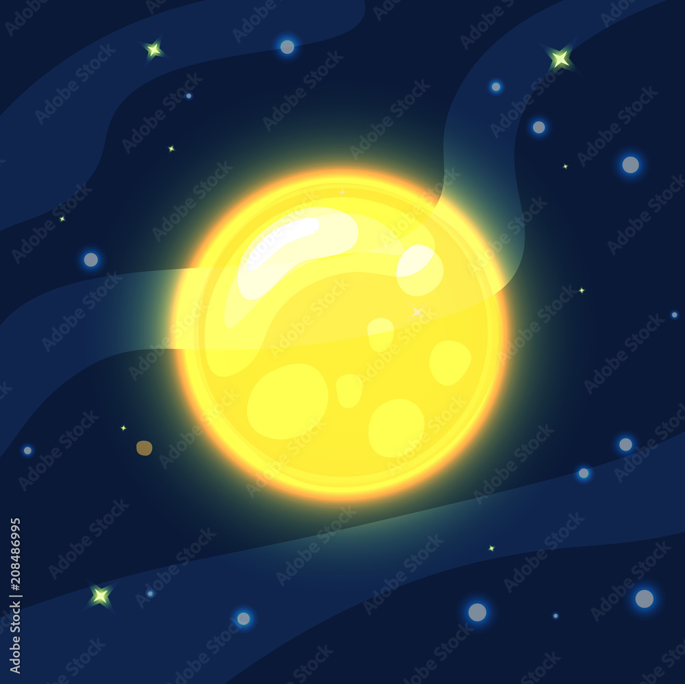 Fototapeta premium Vector yellow and orange sun in deep dark blue space with cartoon prominence and glow. Flat modern style. Sun in space, vector illustration, with starry sky