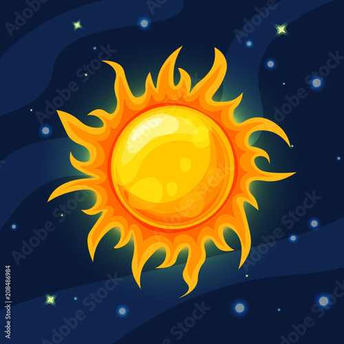 Vector yellow and orange sun in deep dark blue space with cartoon prominence and glow. Flat modern style. Sun in space, vector illustration, with starry sky