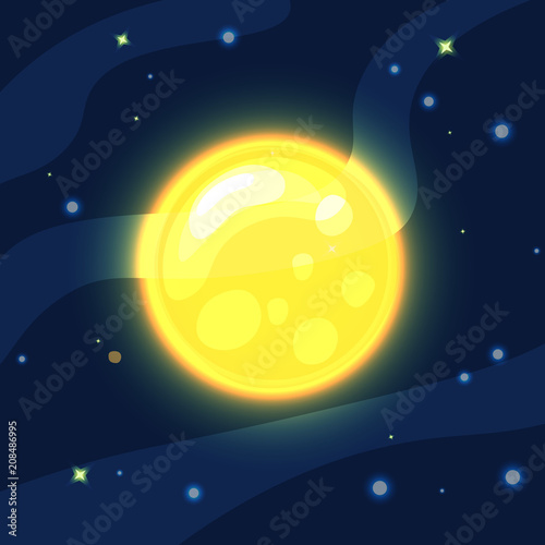Vector yellow and orange sun in deep dark blue space with cartoon prominence and glow. Flat modern style. Sun in space, vector illustration, with starry sky