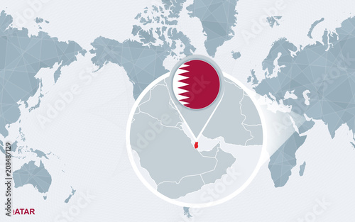 World map centered on Qatar with magnified Chile.