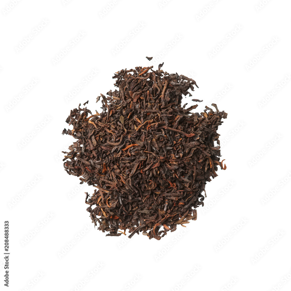 Heap of dried herbal tea leaves isolated on white. Top view of tea Palace Puer. Heap of dried herbal tea leaves isolated on white. Top view of tea Palace Puer.