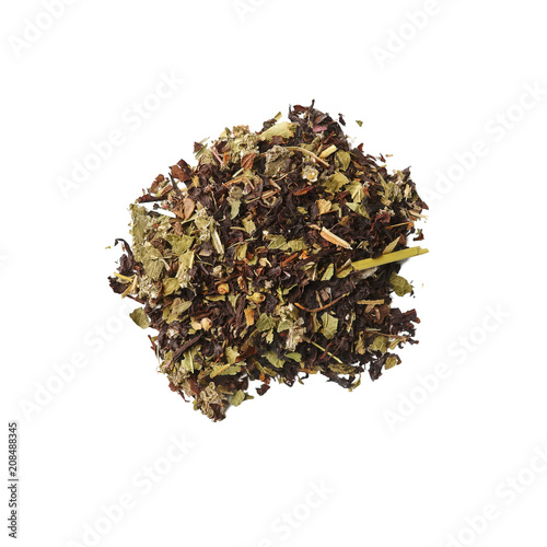 Heap of dried herbal tea leaves isolated on white. Top view of tea Tatar.