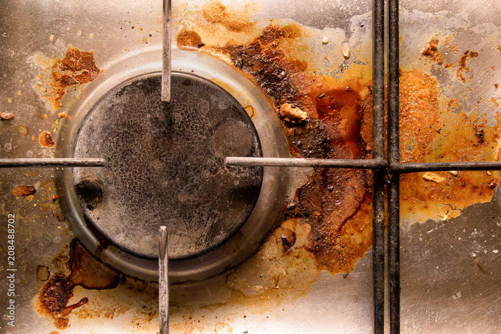 dirty gas cooker, close-up, top view. - obrazy, fototapety, plakaty 