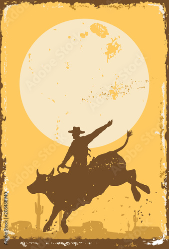 Western rodeo sign, Cowboy riding bull. photo