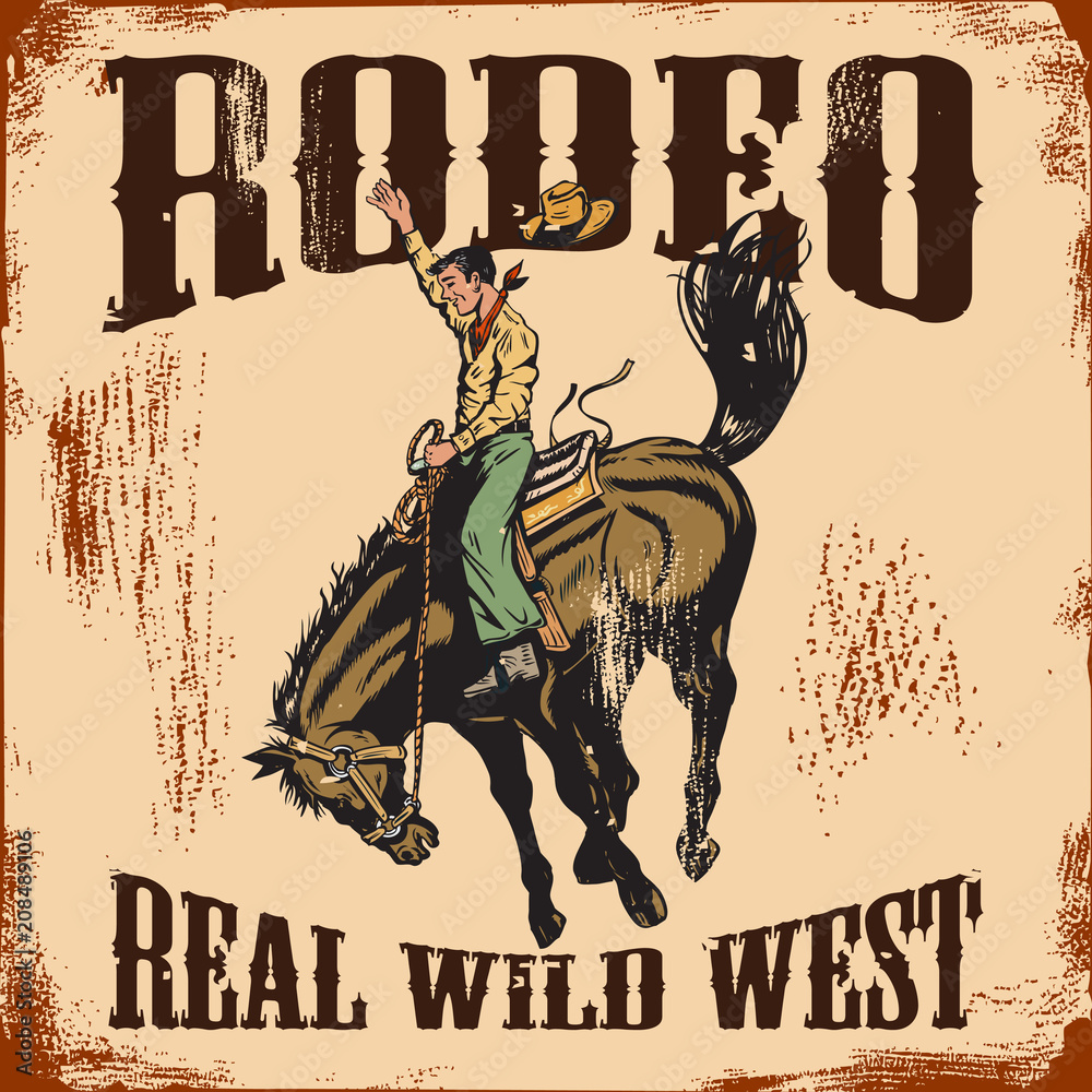 Western rodeo vintage sign, Cowboy riding wild horse. Векторный объект  Stock | Adobe Stock
