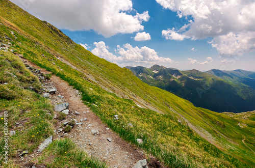 tourist path through grassy slope of Fagaras mount. beautiful summer landscape under the cloudy sky
