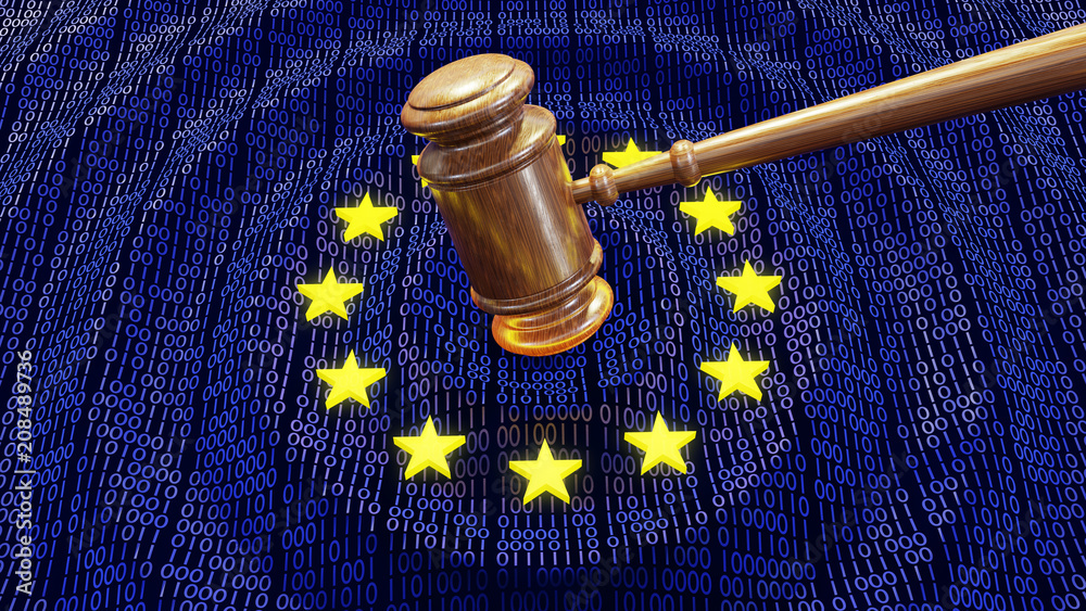 EU judge hammer hitting GDPR data bits and bytes sentencing European Union fine - obrazy, fototapety, plakaty 