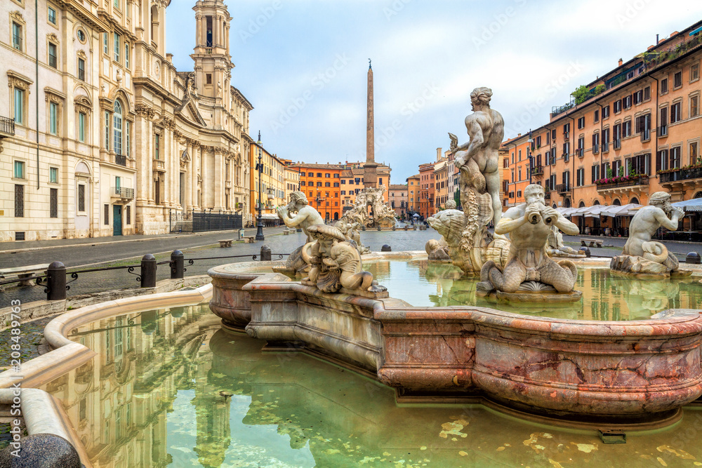 Piazza Navona square in Rome, Italy. Fontana del Moro (Moor Fountain). Rome architecture and landmark.