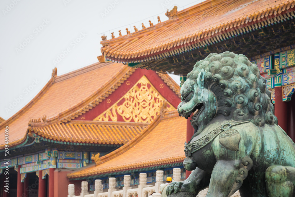 Bronze lion in front of the Hall of Supreme Harmony in Beijing Forbidden City, Forbidden City is one of China's landmarks