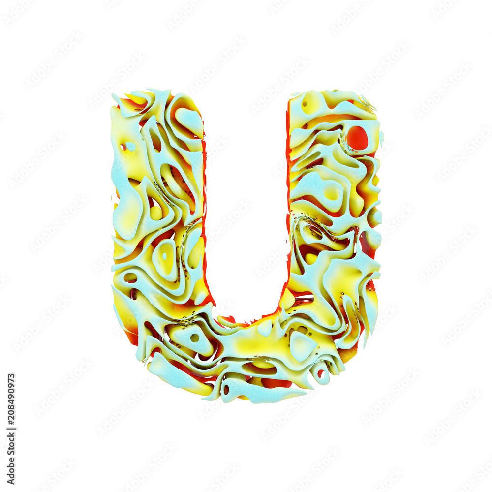 Alphabet letter U uppercase. Liquid dynamic font made of orange, blue and yellow ink in water. 3D render isolated on white background.