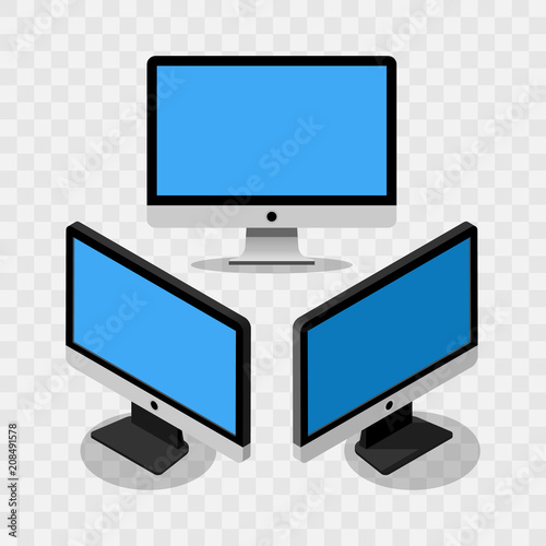 Set of pc monitors front and isometric view.