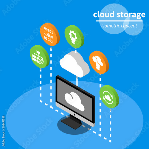 Isometric cloud computing technology concept includes pc monitor and set of 3d icons.