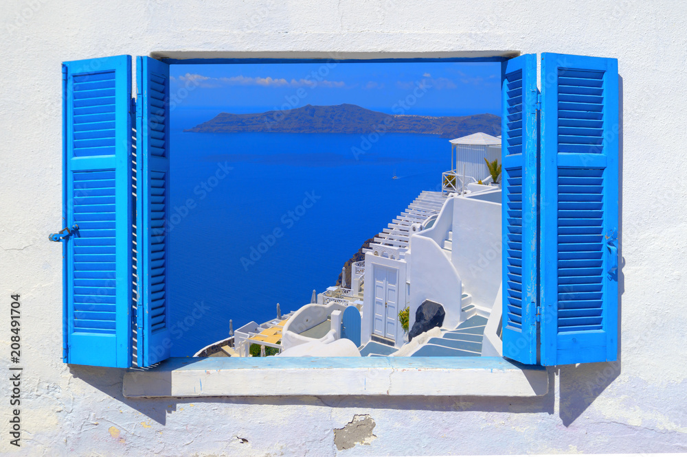 Sea view through traditional greek window in Santorini island - obrazy, fototapety, plakaty 