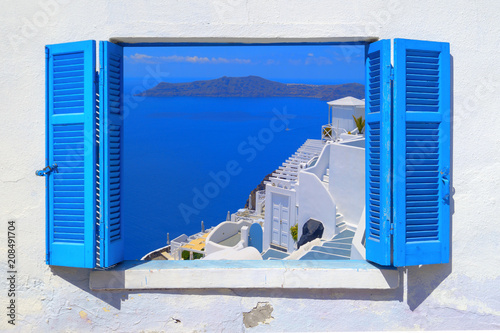 Sea view through traditional greek window in Santorini island