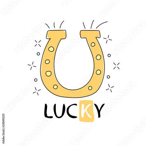 doodle metal horseshoe to luck decoration symbol - Cute vector with text lucky - for Print, decor elements, card, poster, banner, t-shirt