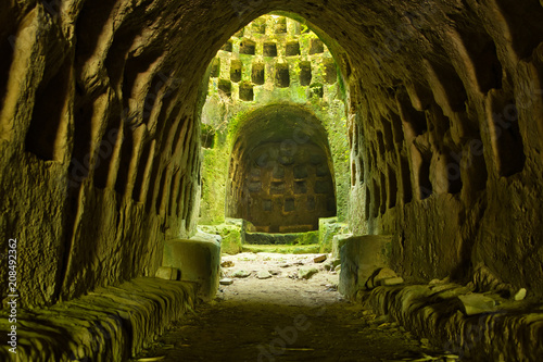 The Hypogeum of Torre Pinta, a circular dovecot tower, built in a settlement, perhaps of Christian people, dating back to the previous age, for its Latin cross shaped plan.  Otranto, Apulia Italy.
