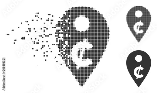 Fractured cent map marker dotted icon with disintegration effect. Halftone dotted and intact whole gray variants. Dots have square shape. Points are grouped into dissolving cent map marker figure.