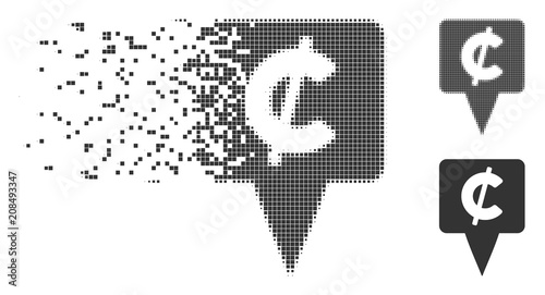 Dissolved cent map pointer dotted icon with disintegration effect. Halftone pixelated and intact entire grey variants. Dots have rectangle shape.
