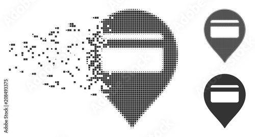 Fractured credit card pointer dotted icon with disintegration effect. Halftone dotted and undamaged entire gray versions. Dots have rectangular shape.