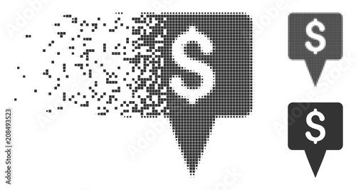 Dispersed dollar map pointer dotted icon with disintegration effect. Halftone dotted and intact whole grey versions. Dots have rectangle shape.