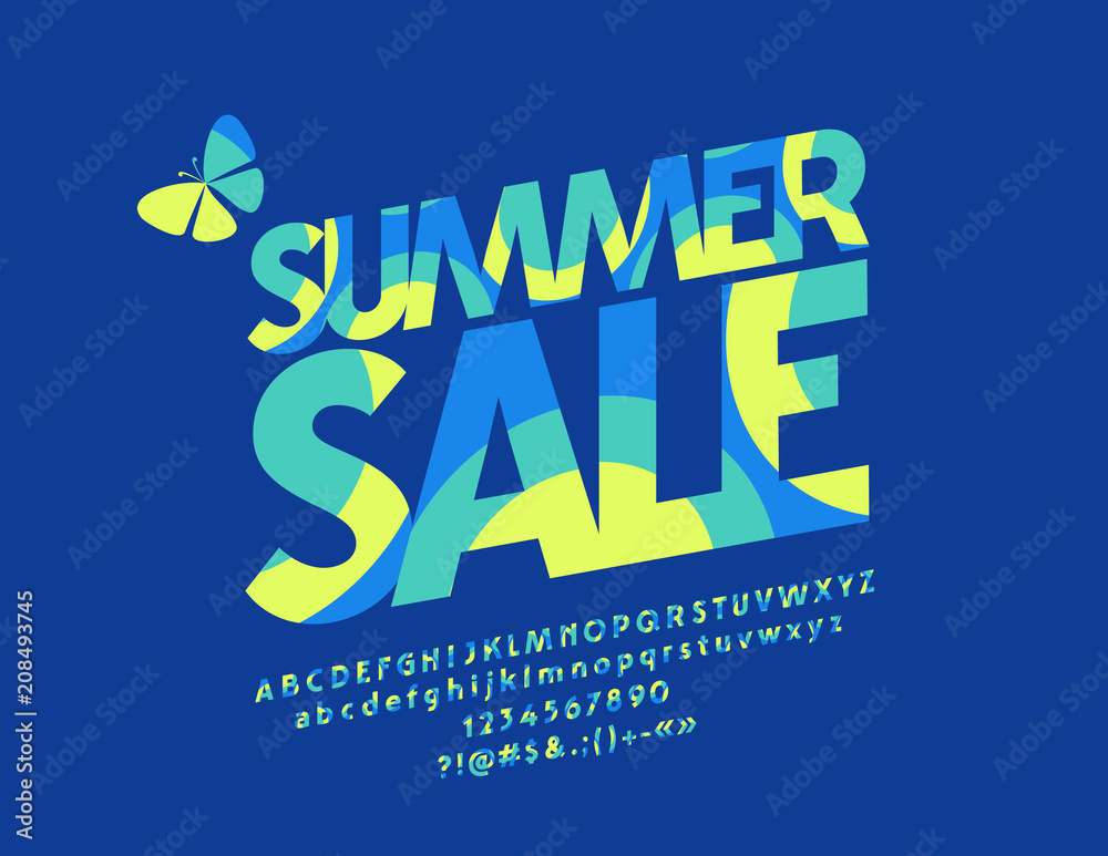 Obraz premium Vector colorful Summer Sale logo. Graphic Style Font. Yellow and blue Alphabet Letters, Numbers and Symbols