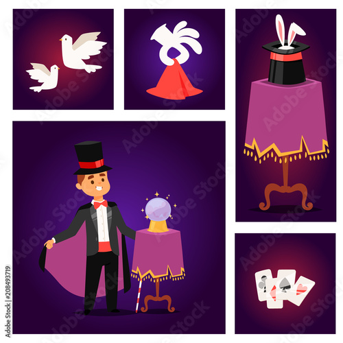Magician prestidigitator illusionist vector character tricks juggler vector illustration magic conjurer show cartoon man