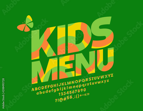 Vector cure Kids Menu logo. Graphic Style Font for Children. Green Alphabet Letters, Numbers and Symbols