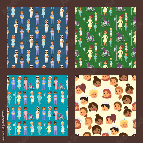 Doctor nurse character vector medical woman staff flat design hospital team people doctorate seamless pattern bakground illustration.